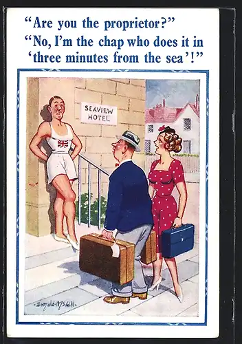 Künstler-AK Donald McGill: Ankunft am Seaview Hotel