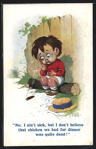 Künstler-AK Donald McGill: Kleiner Junge mit Zigarre sucht den Grund für seine Übelkeit