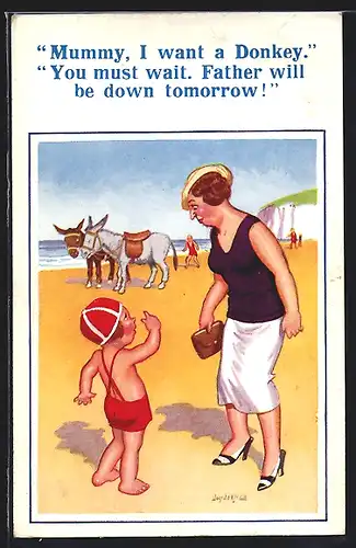 Künstler-AK Donald McGill: Kind wünscht sich einen Eselsritt am Strand und wird vertröstet