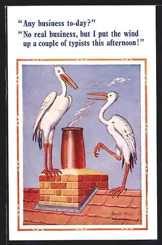 Künstler-AK Donald McGill: Any business to-day?..., Storche auf Dach