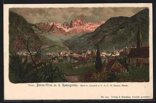 Künstler-AK F.A.C.M. Reisch: Bozen-Gries, Panorama des Ortes mit Rosengarten