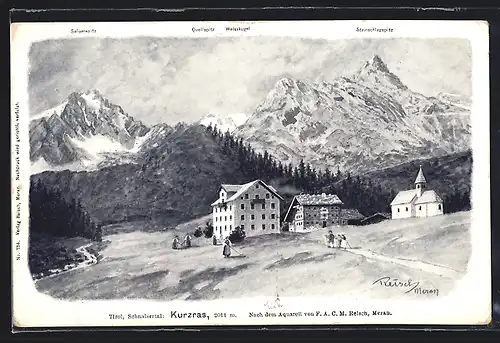 Künstler-AK F.A.C.M. Reisch: Kurzras /Schnalsertal, Ortspartie mit Salurnspitz, Quellspitz und Steinschlagspitz