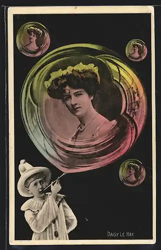 AK Harlekin pustet Seifenblasen mit Dame