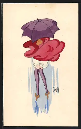 Künstler-AK sign. Toby: Elegante Dame mit wehendem Kleid und Schirm