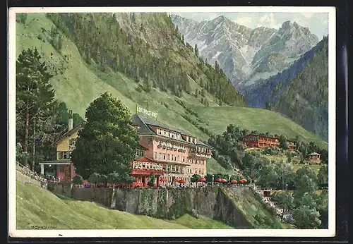 Künstler-AK Hindelang-Bad Oberdorf, Hotel Luitpold-Bad mit Gebirge im Hintergrund, Bes. Andreas Gross