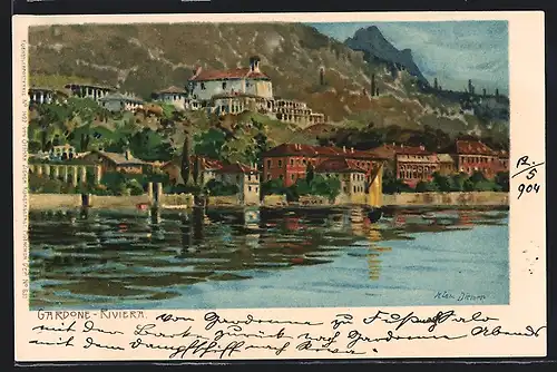Künstler-AK Zeno Diemer: Gardone-Riviera, Blick vom Wasser auf den Ort