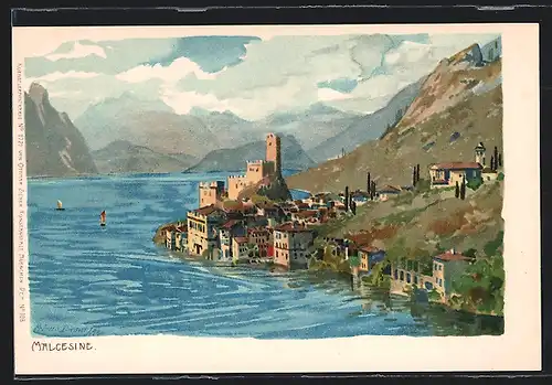 Künstler-AK Zeno Diemer: Malcesine, Panoramablick auf Ort und Gardasee