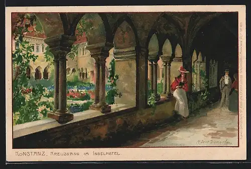 Künstler-Lithographie Zeno Diemer: Konstanz, Kreuzgang im Inselkloster