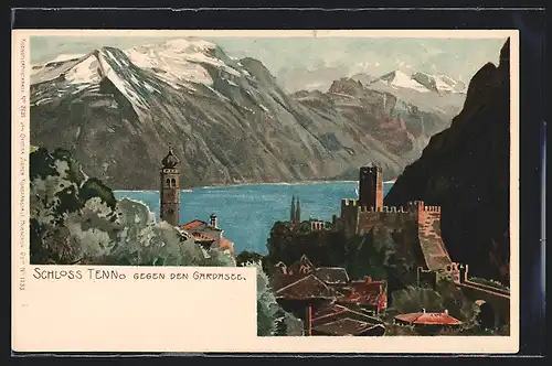 Künstler-Lithographie Zeno Diemer: Tenno, Schloss Tenno gegen den Gardasee