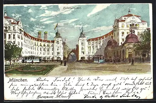 Künstler-AK Zeno Diemer: München, Karisthorrondell mit Strassenbahnen