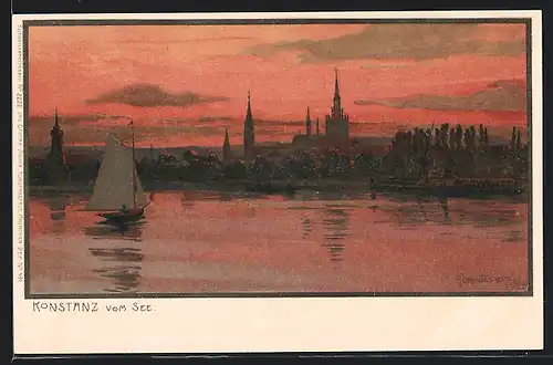 Künstler-AK Zeno Diemer: Konstanz, Ortsansicht im Sonnenuntergang vom See gesehen