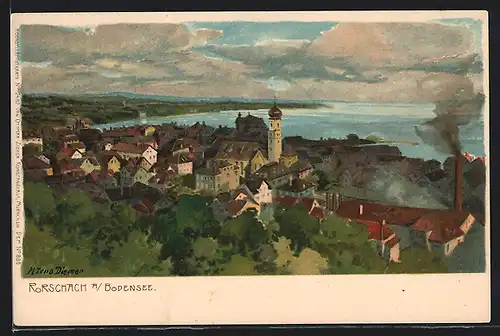 Künstler-AK Zeno Diemer: Rorschach a. Bodensee, Teilansicht mit Kirche