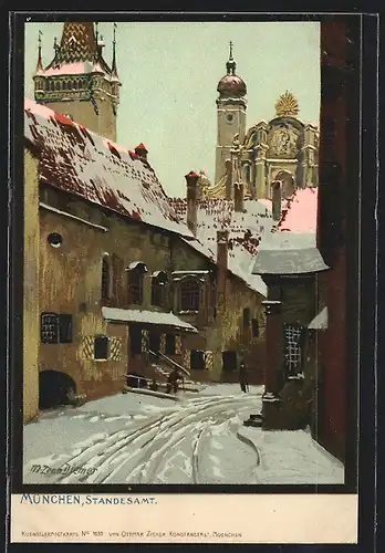 Künstler-AK Zeno Diemer: Partie am Standesamt in München zur Winterzeit