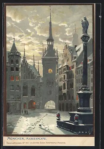 Künstler-AK Zeno Diemer: München, Marienplatz bei Nacht