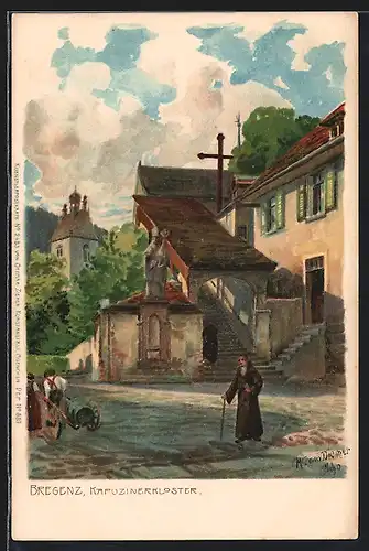 Künstler-Lithographie Zeno Diemer: Bregenz, Kapuzinerkloster mit Mönchen