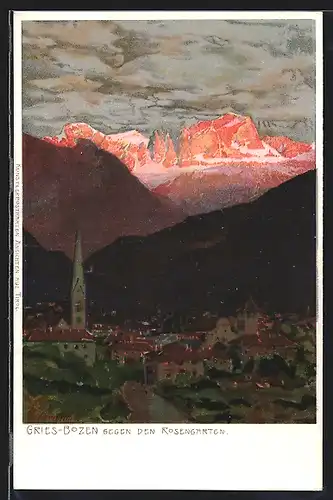 Künstler-AK Zeno Diemer: Gries-Bozen, Gesamtansicht mit Rosengarten bei Sonnenaufgang
