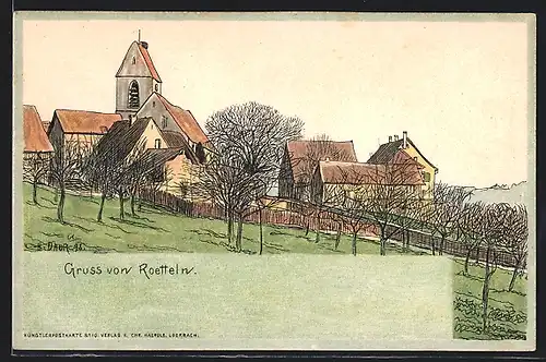 Künstler-AK Hermann Daur: Roetteln, Panorama mit Kirche