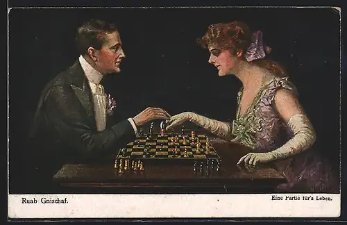 Künstler-AK Ruab Gnischaf: Dame und Herr spielen gemeinsam Schach