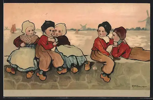 Künstler-AK Ethel Parkinson: Kinder in holländischer Tracht sitzen auf einer Mauer