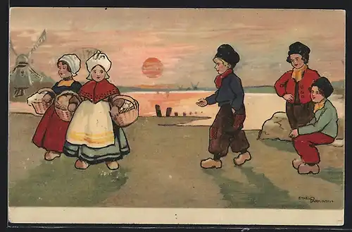 Künstler-AK Ethel Parkinson: Zwei Holländerinnen mit Körben und Holländer bei Sonnenuntergang, Im Hintergrund Windmühle
