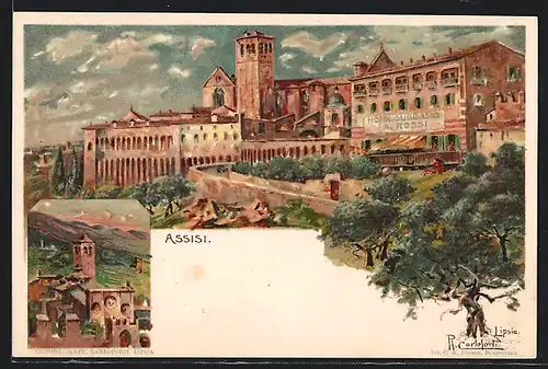 Künstler-AK Raffaele Carloforti: Assisi, Panoramablick vom Ort mit Hotel Subbasio A. Rossi