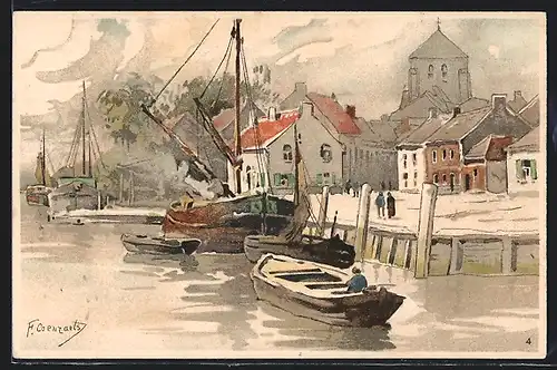 Künstler-Lithographie Ferdinand Coenraets: Kähne im Hafen