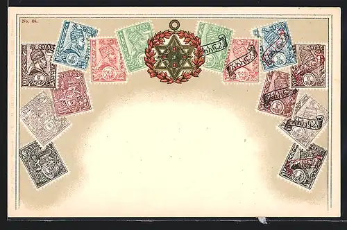 Lithographie Äthiopien, Briefmarken und Wappenzeichen mit Stern