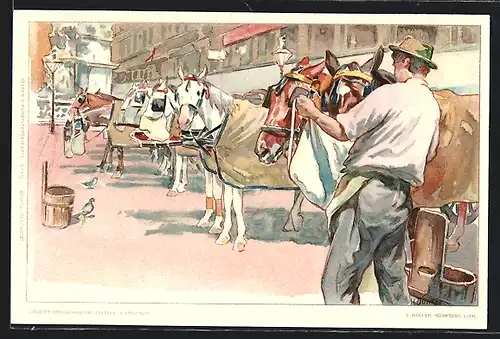 Künstler-AK H. Junker: Wien, Arbeiter versorgt die Pferde