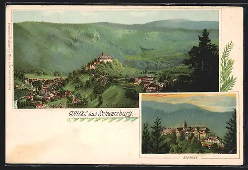 Lithographie Schwarzburg, Schloss und Gesamtansicht