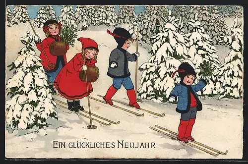 AK Vier Kinder auf Skiern im Tannenwald bei Schnee