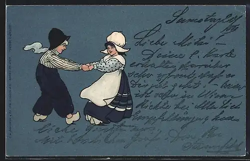 Künstler-AK Ethel Parkinson: Kleines Paar tanzt glücklich in blauen Trachten