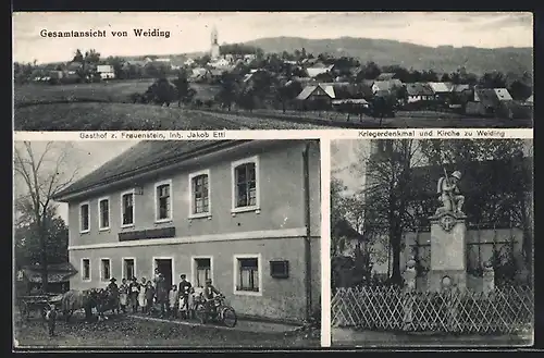 AK Weiding, Gasthof Zum Frauenstein, Kriegerdenkmal mit Kirche, Gesamtansicht