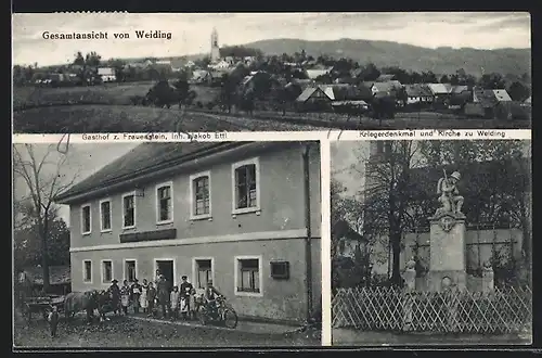 AK Weiding, Gasthof Zum Frauenstein, Kriegerdenkmal mit Kirche, Gesamtansicht