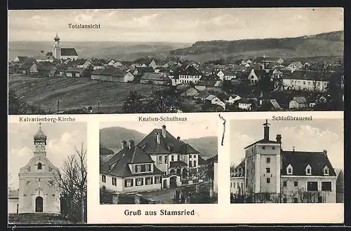 AK Stamsried, Schlossbrauerei, Knaben-Schulhaus, Kalvarienberg-Kirche