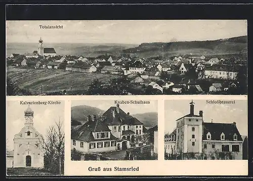 AK Stamsried, Schlossbrauerei, Knaben-Schulhaus, Kalvarienberg-Kirche, Totalansicht