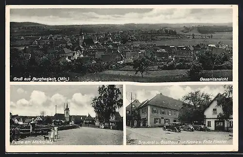 AK Burghaslach /Mfr., Brauerei und Gasthaus zur Krone von Fritz Finster, Marktplatz