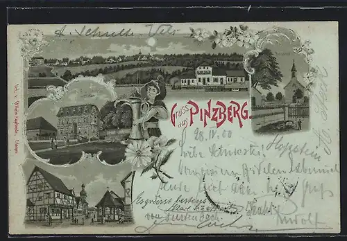 Mondschein-Lithographie Pinzberg, Hotel und Terrasse Zametzer, Mariakapelle, Panorama
