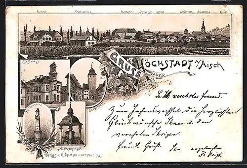 Vorläufer-Lithographie Höchstadt a. Aisch, 1895, Rathhaus, Marktbrunnen und Stadtturm, Bahnhof