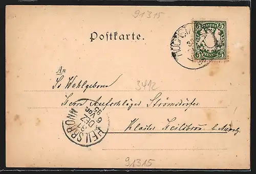 Vorläufer-Lithographie Höchstadt a. Aisch, 1895, Rathhaus, Marktbrunnen und Stadtturm, Bahnhof