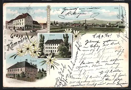Lithographie Kemnath, Gasthof zur Post, Forstamt und Schule