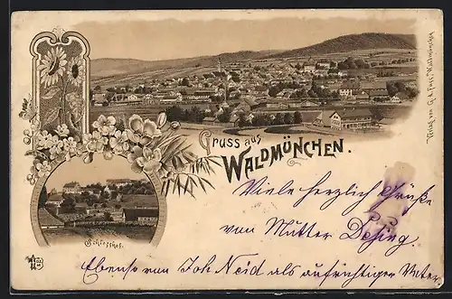 Lithographie Waldmünchen, Schlosshof, Blick auf den Ort