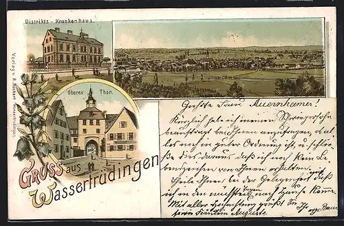 Lithographie Wassertrüdingen, Distrikts-Krankenhaus, Oberes Tor, Panorama