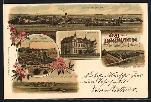 Lithographie Langenaltheim, Krankenhaus, Steinbrücke, Totalansicht