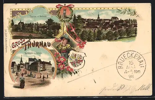 Lithographie Thurnau, Totalansicht, Marktplatz mit Schloss, Wappen, Bierstempel