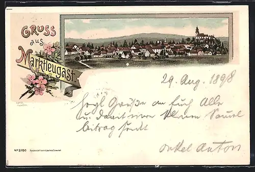Lithographie Marktleugast, Blick auf die Ortschaft, Gruss mit Blumenstrauss