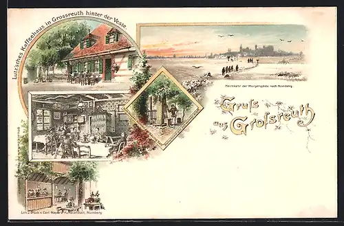 Lithographie Grossreuth, Lutz`sches Cafe, Panorama