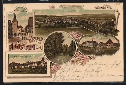 Lithographie Neustadt, Nürnberger Thor, Altes und Neues Schloss