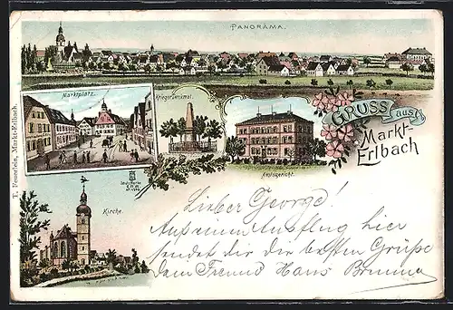 Lithographie Markt-Erlbach, Amtsgericht, Marktplatz und Kirche
