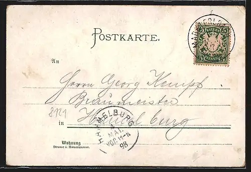 Lithographie Markt-Erlbach, Amtsgericht, Marktplatz und Kirche