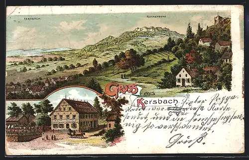 Lithographie Kersbach, K. Schiffers Gasthaus, Ortsansicht mit Rothenberg